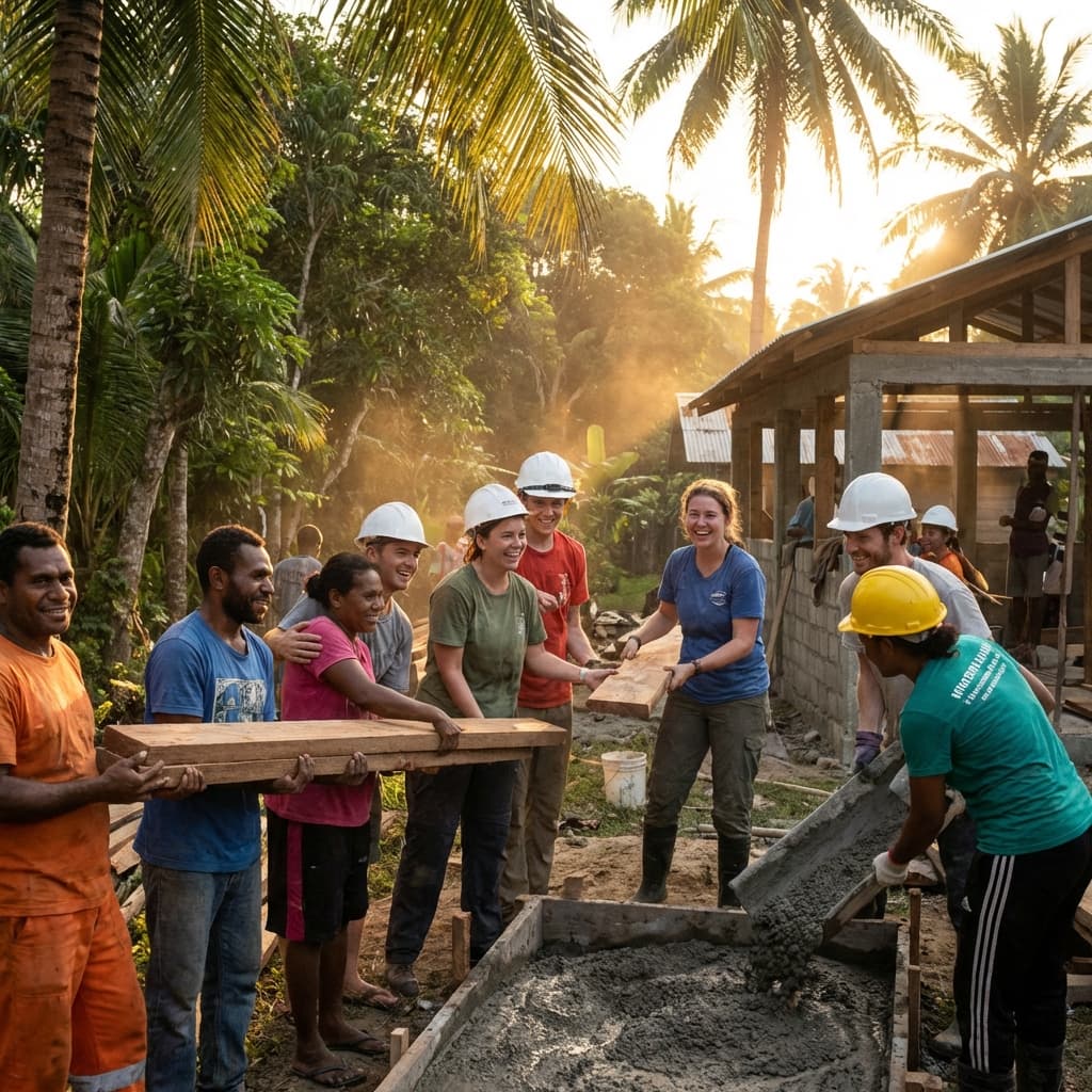 Volunteers building in a village